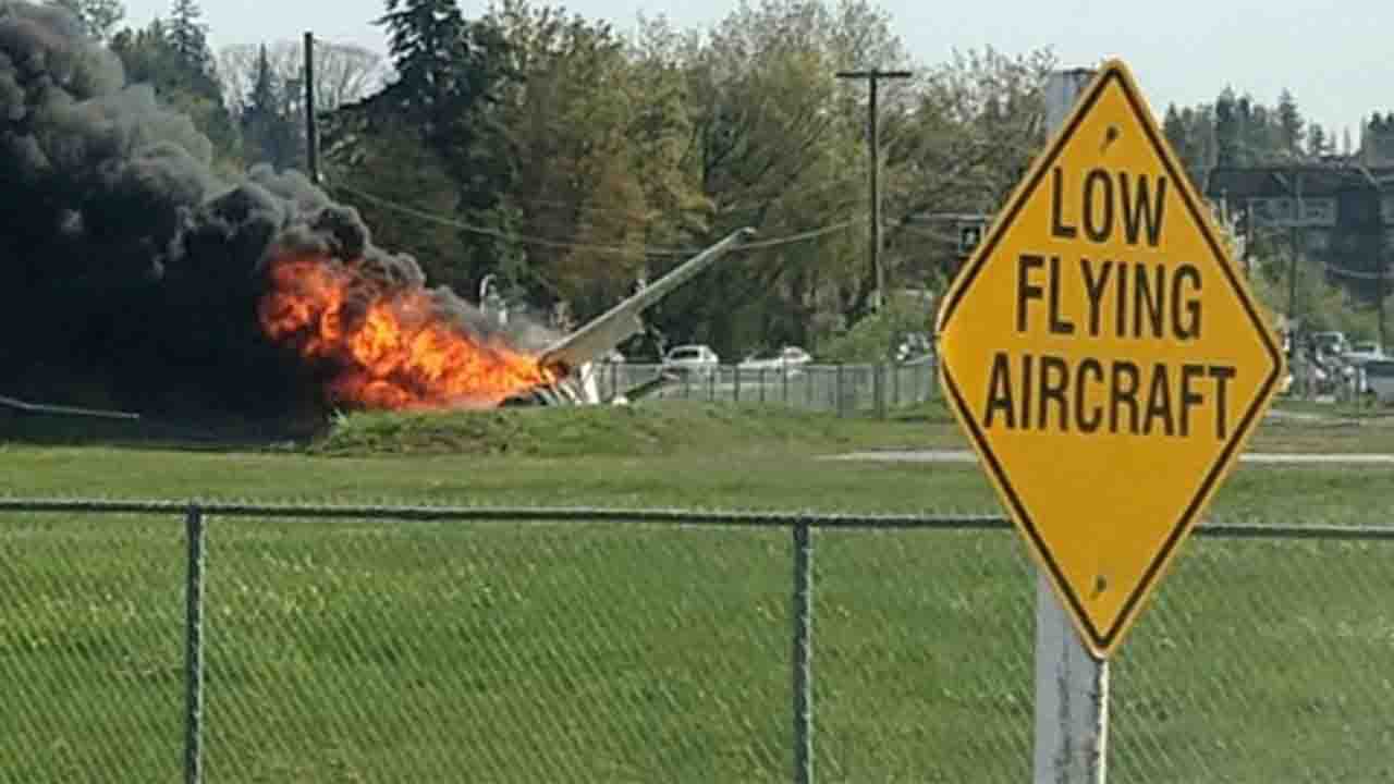 At the airport in Langley, a little jet crashes into a vehicle and