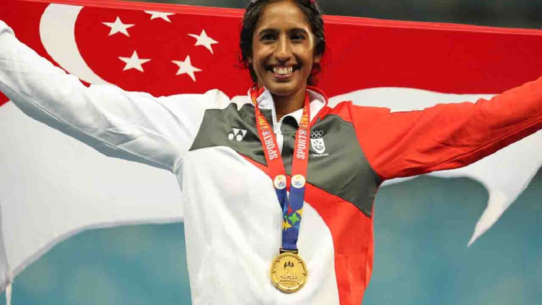Shanti Pereira of Singapore breaks the 100m record twice in Germany. Shanti Pereira of Singapore breaks the 100m record twice in Germany.