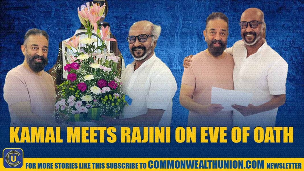 Political Power Meets Superstar Bond: Kamal and Rajini’s Viral Moment Before Oath Day Political Power Meets Superstar Bond: Kamal and Rajini’s Viral Moment Before Oath Day